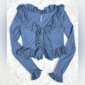 NWOT Free People Ophelia Blue Ribbed Button-Up Ruffled Long Sleeve Top